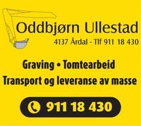 Logo for Oddbjørn Ullestad, med kontaktinformasjon for graving, tomtearbed, transport og levering av masse.