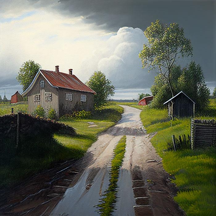 En malerisk landskap med en grått hus, en grusvei og trær under en dramatisk sky.