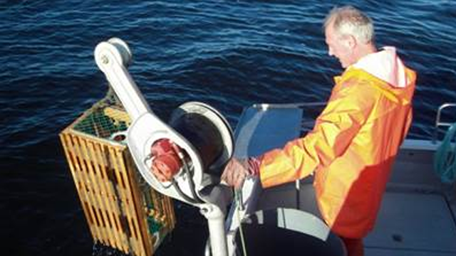 En mann i oransje regnjakke betjener en kran på en båt som heiser opp en fiskekasse fra vannet.