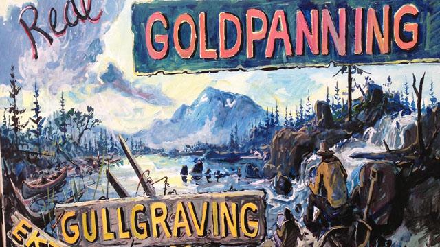 Maleri av gullgraving med fjell, elv og personer som graver etter gull. Tekst med "Real Goldpanning" og "Gullgraving".