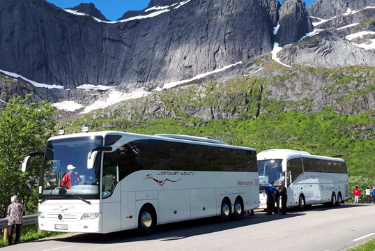 To busser parkert langs veien med fjell i bakgrunnen, omringet av grønn natur og snø på toppene.