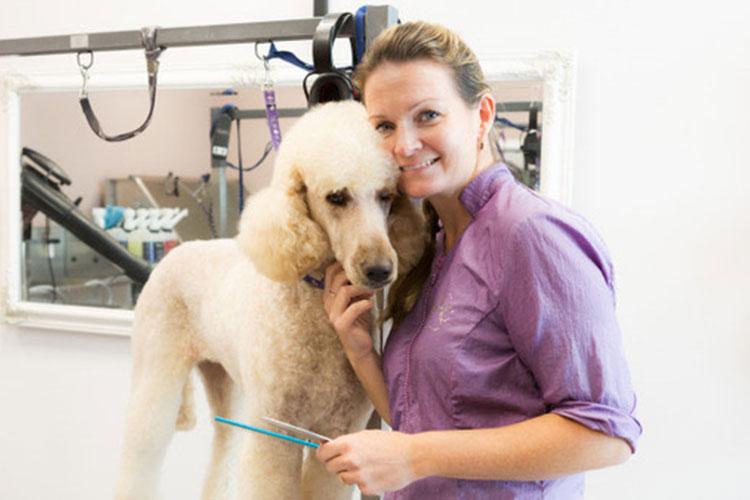 En kvinne står ved siden av en puddel i en hundesalong, holder en børste og smiler mot kameraet.