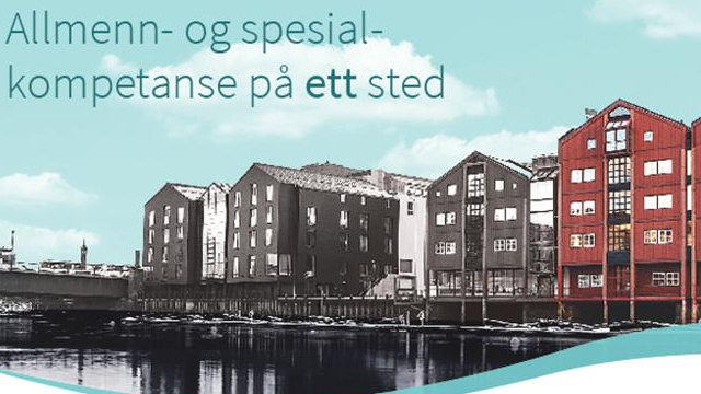 Bilde av fargerike bygninger langs en elv med teksten "Allmenn- og spesialkompetanse på ett sted" i bakgrunnen.
