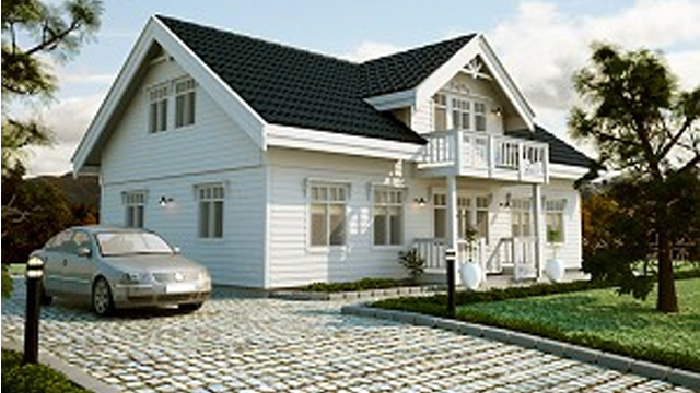 Moderne, hvitt hus med balkong og bil på gruslagt innkjørsel, omgitt av trær og grønt gress.