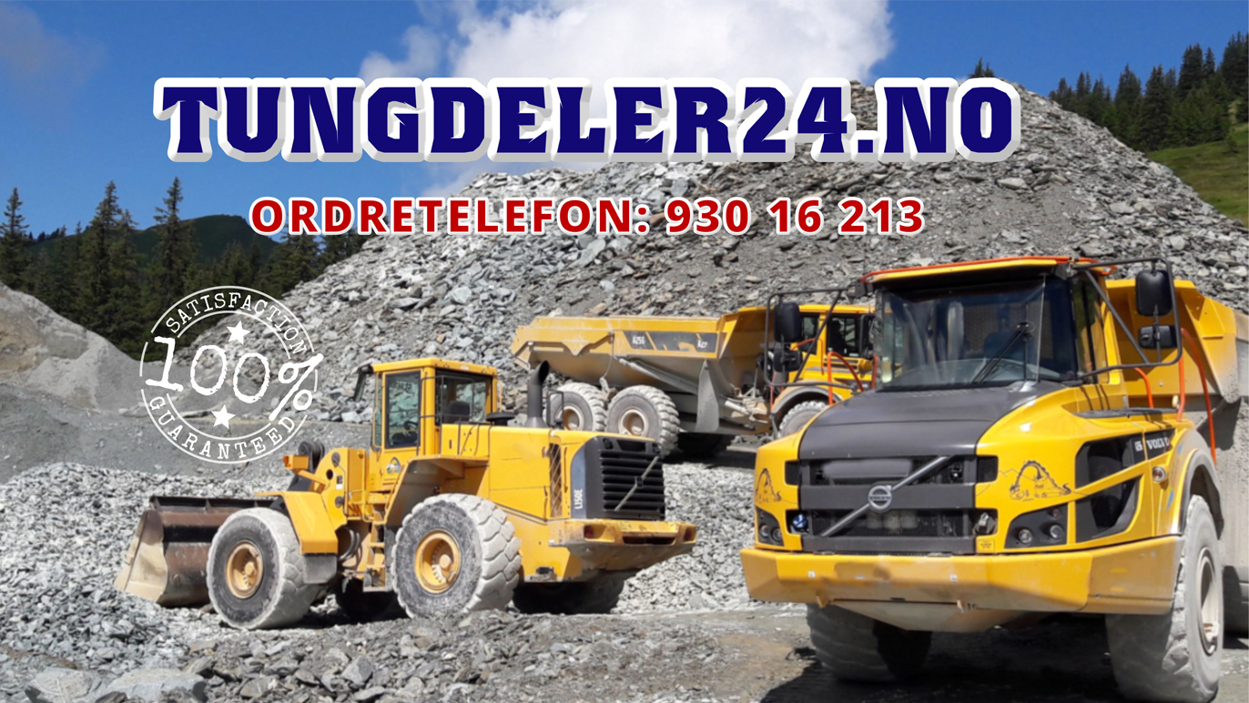 Bilde av gravemaskiner og lastebiler på en steinbrudd med logoen til Tungdeler24.no i bakgrunnen.