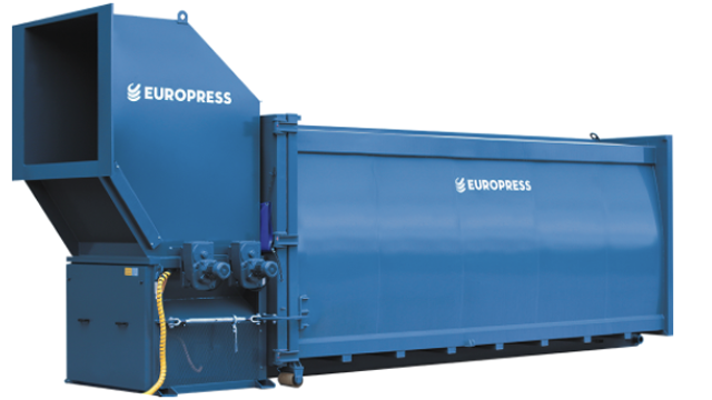 Blå avfallspresse fra Europress, designet for effektiv avfallshåndtering og komprimering.