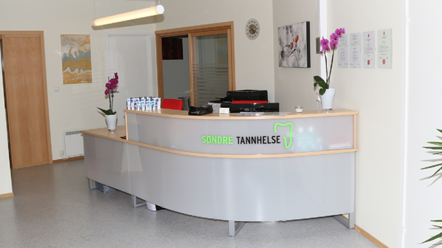 Moderne resepsjon i en tannklinikk med planter og blomster, samt tannhelseprodukter på disken.