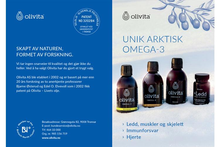 Flere flasker med omega-3 kosttilskudd fra Olivita, med informasjon om helsefordeler og naturlige ingredienser.
