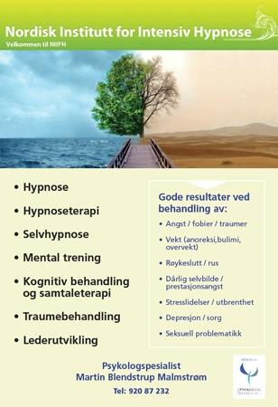 Plakat for Nordisk Institutt for Intensiv Hypnose med informasjon om hypnose, terapi og behandling.