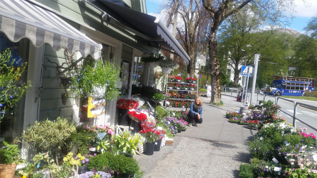 Blomsterbutikk med fargerike blomster og planter langs fortauet, en person sitter på bakken.