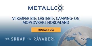 Metallco reklame for kjøp av bil, lastebil, campingvogn og mopedvrak i Hordaland. Kontaktinformasjon inkludert.