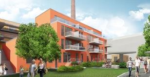 Moderne leilighetsbygg med oransje fasade, balkonger og grøntområde, med mennesker som går forbi.