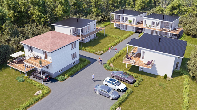 Moderne boliger med terrasser og parkeringsplasser i et grønt område, omgitt av trær og hage.