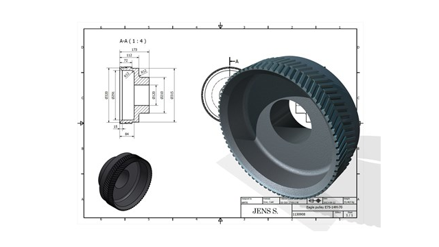 Teknisk tegning av en mekanisk del med detaljerte mål og en 3D-modell av en skive med tannmønster.