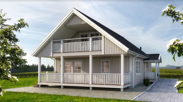 Moderne, hvitt hus med skråtak og balkong, omgitt av grønt landskap og blomstrende trær.