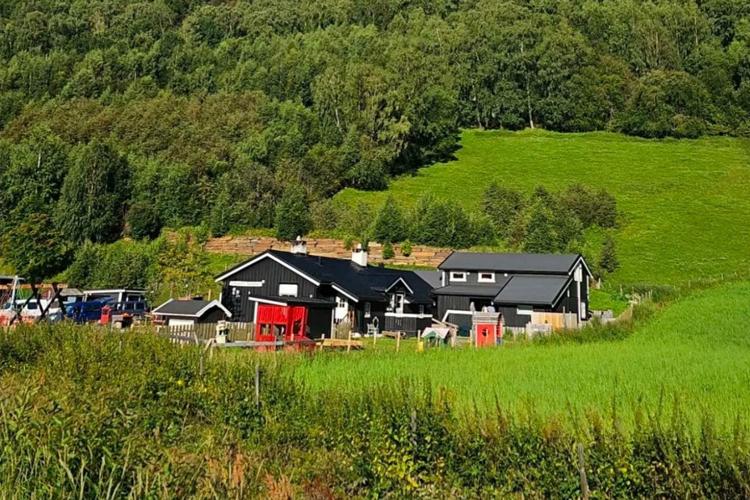 En svart hytte med røde detaljer ligger i en grønn dal, omringet av trær og åser.