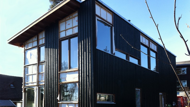 Moderne svart hus med store vinduer og tre detaljer, beliggende i et solfylt område.