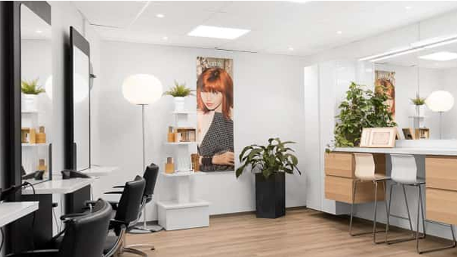 Moderne frisørsalong med stilige stoler, speil, planter og en plakat av en kvinne med rødt hår.