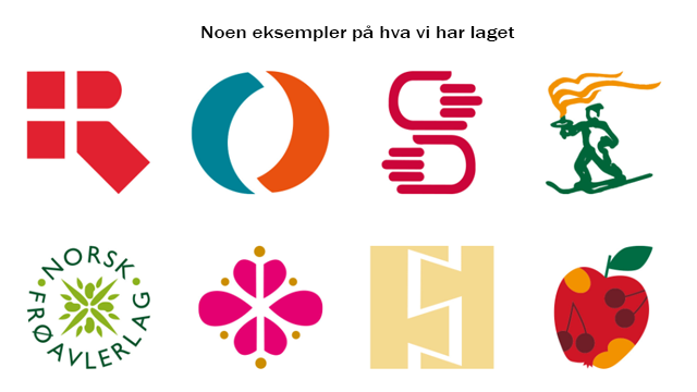 Eksempler på logoer laget av designere, inkludert fargerike former og symboler for ulike selskaper.