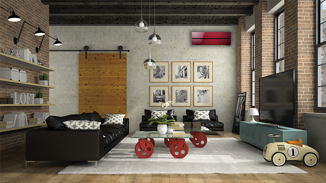 Moderne stue med murvegg, svarte sofaer, glassbord, kunstverk på veggen og en lekevogn i tre.