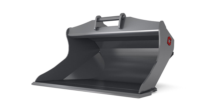 Grå gravemaskin skuffe med håndtak, designet for effektiv graving og materialhåndtering.