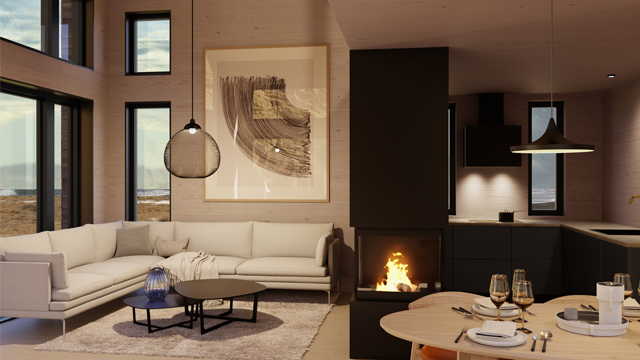 Moderne stue med peis, sofa, kunstverk på veggen og spisebord med vin og glass. Store vinduer gir naturlig lys.
