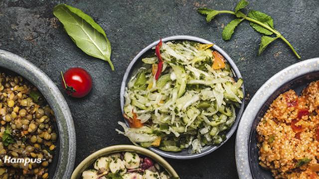 Friske salater og grønnsaker i skåler, inkludert kål, linser og quinoa, på en mørk overflate.