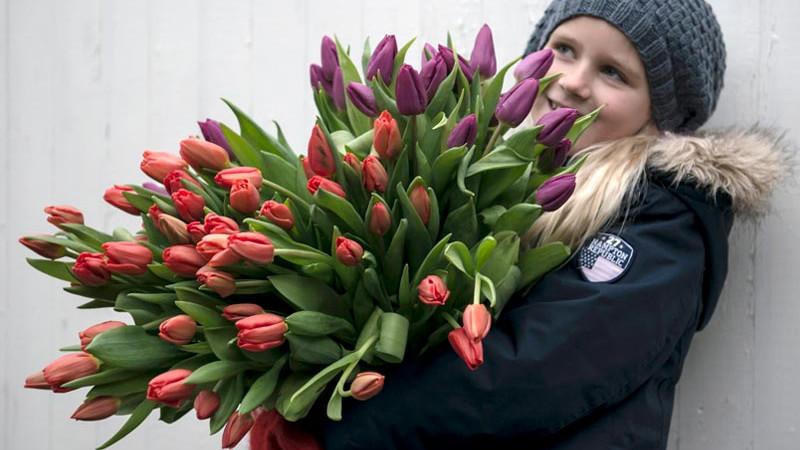 Jente med lue holder en stor bukett med fargerike tulipaner i armene.