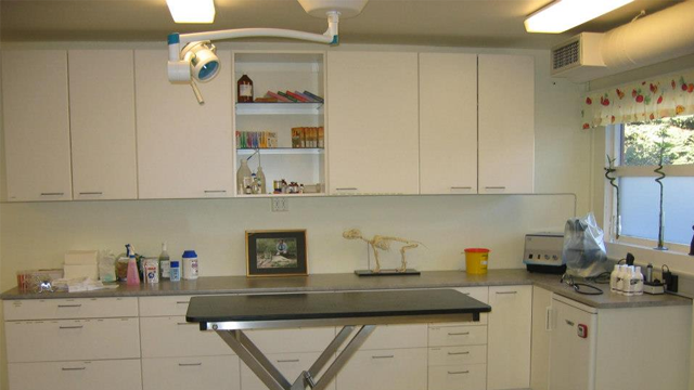 Et veterinærkontor med en behandlingsbenk, skap, medisiner og en røntgenmaskin i taket.