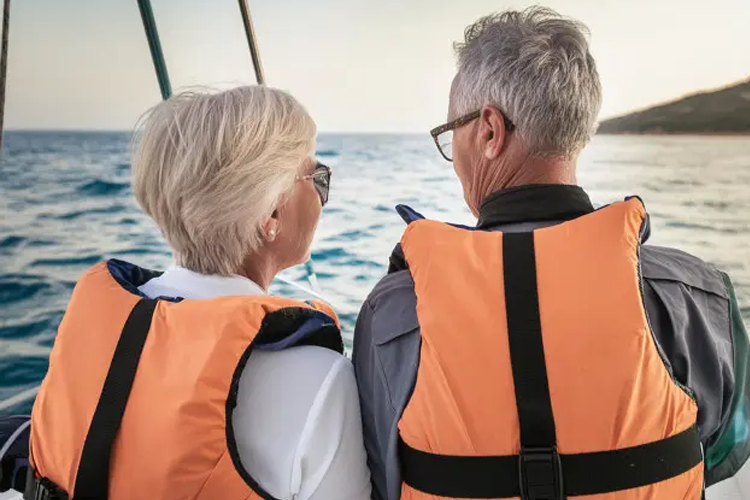 Eldre par i redningsvester som sitter på en båt og ser utover havet ved solnedgang.