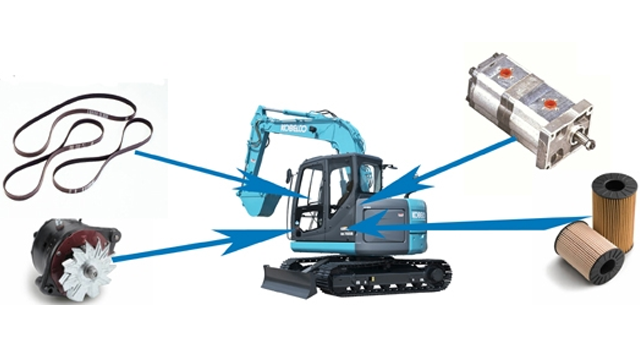 En gravemaskin med tilknyttede deler som belte, generator, hydraulikkpumpe og oljefilter.