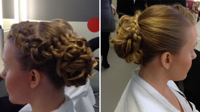 Elegant frisyr med fletter og en oppsatt bun, sett fra siden. Perfekt for spesielle anledninger.