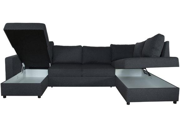 Sofagruppe med oppbevaringsrom og justerbar del i mørk grå farge.