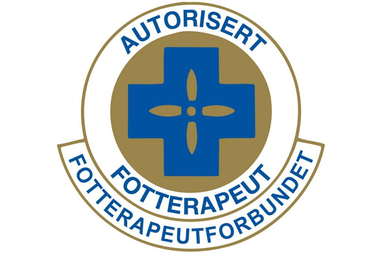 Logo for Autorisert Fotterapeutforbundet med blå kors og tekst rundt.