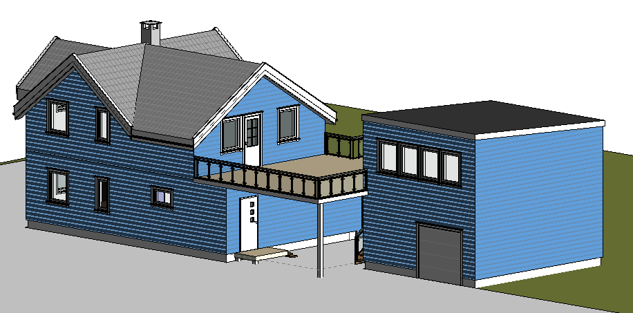 Blått hus med balkong og garasje, moderne design med skråtak og trepanel. Grønne områder rundt bygningen.