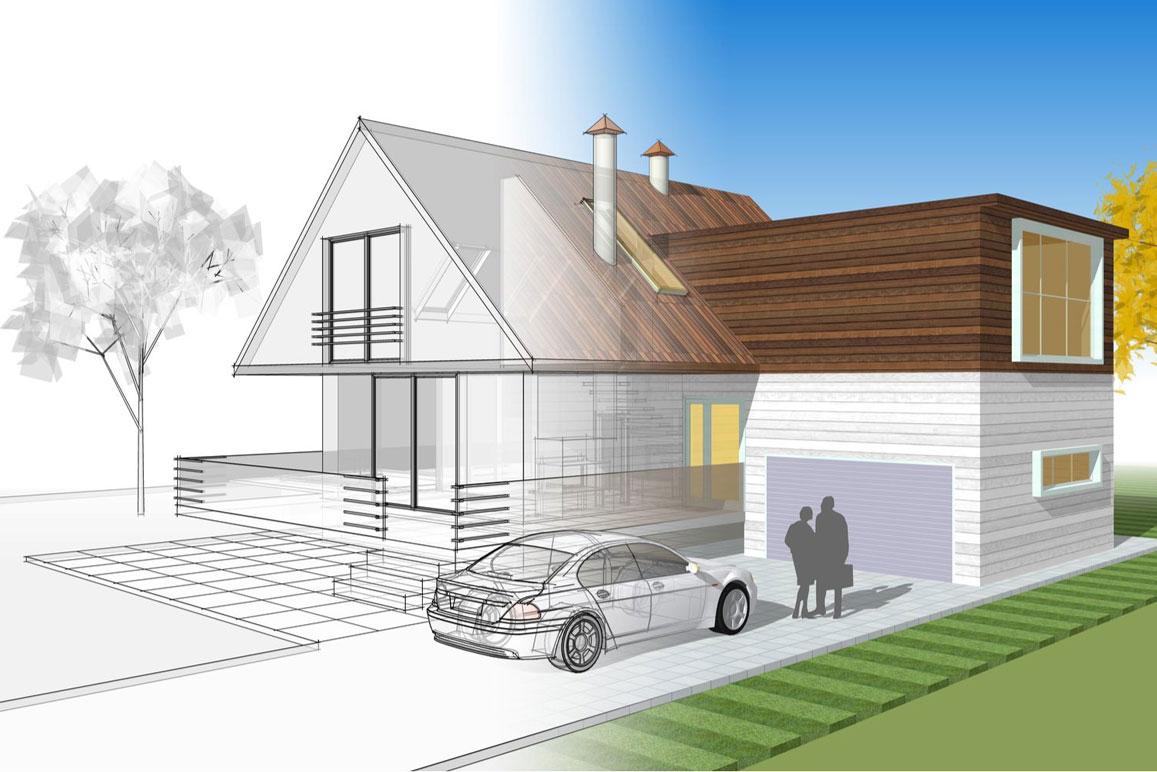 Moderne husdesign med en kombinasjon av tegning og farge, inkludert garasje og hage.