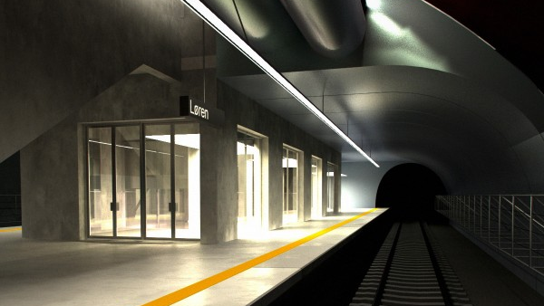 En moderne t-banestasjon med glassdører, opplyst plattform og spor i mørket.