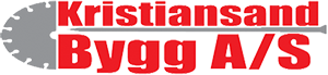 Kristiansand Bygg A/S logo med rød tekst og en grå sirkelsag i bakgrunnen.