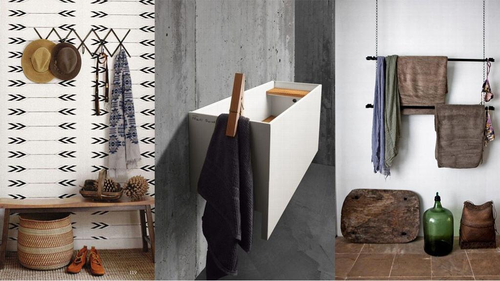 Interiør med hatter, håndklær og oppbevaringsløsninger i moderne design og naturlige materialer.