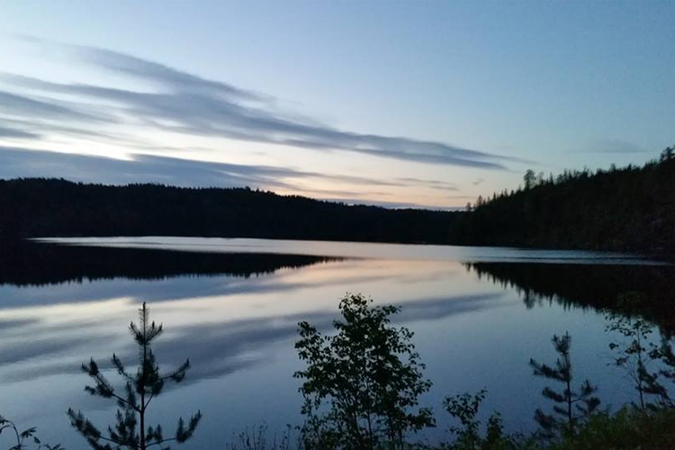 En stille innsjø ved skumring, med speilbilde av trær og himmel i vannet.