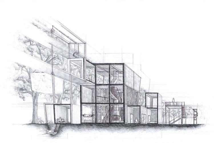 Skisse av et moderne hus med glassvegger, flere etasjer og trær rundt. Det viser interiør og utendørsområder.