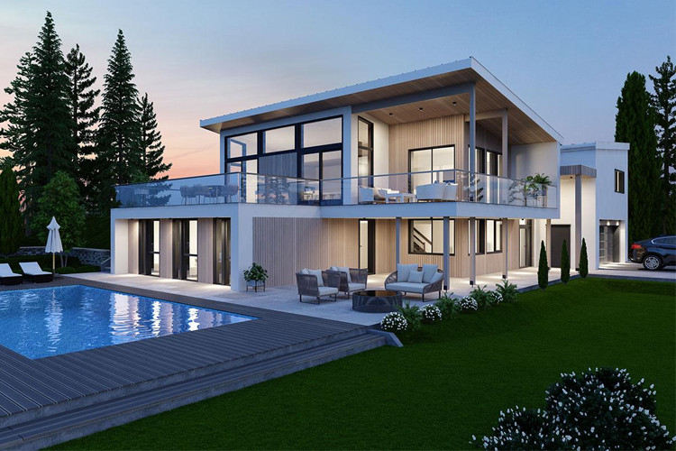 Moderne villa med svømmebasseng, terrasse og store vinduer, omgitt av trær og grønt gress.