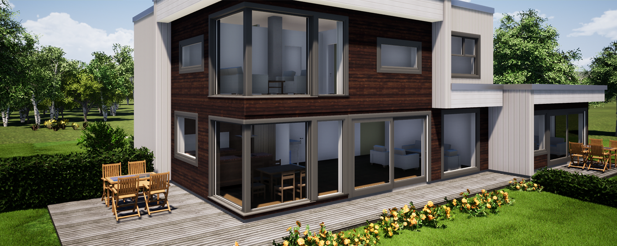 Moderne hus med store vinduer, terrasse og hage, omgitt av trær og grønt gress.