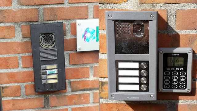 To inngangssystemer på en murvegg, en eldre modell til venstre og en moderne med tastatur til høyre.