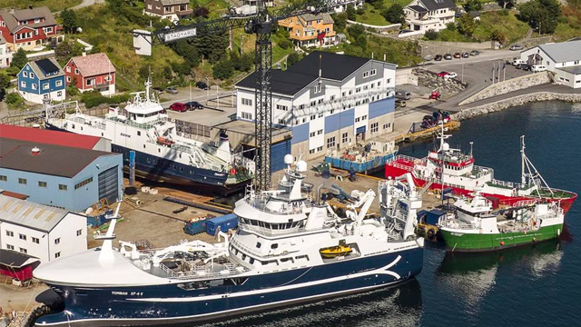 Fiskebåter og en stor båt ligger ved kai i en havn med bygninger og grønne bakker i bakgrunnen.