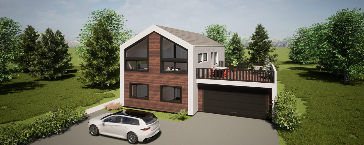 Moderne hus med trepanel og store vinduer, parkert bil foran, omringet av grønt landskap.