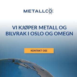 Logo for Metallco med tekst om kjøp av metall og bilvrak i Oslo og omegn. Kontaktinformasjon er inkludert.