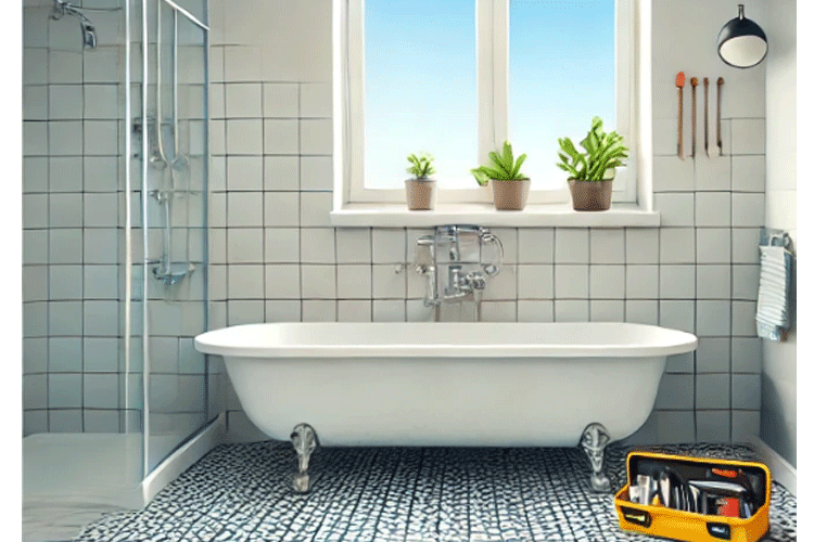 Moderne bad med badekar, dusj, planter på vinduskarmen og verktøykasse på gulvet.