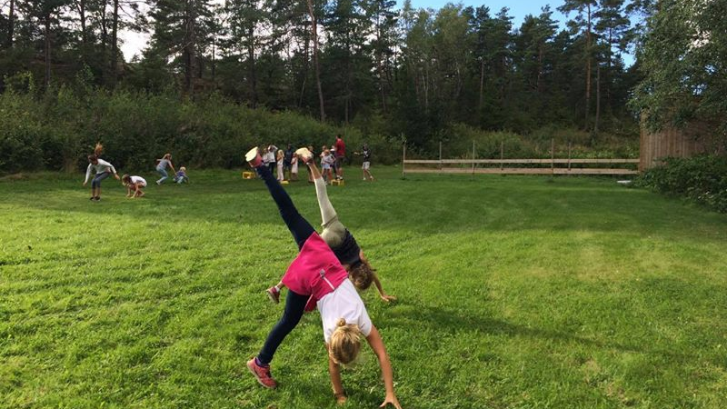 Barn som gjør håndstående på gresset i en park med trær i bakgrunnen. Flere barn leker i området.