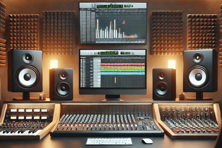 Moderne musikkstudio med dataskjerm, lydmonitorer og miksere, perfekt for musikkproduksjon.